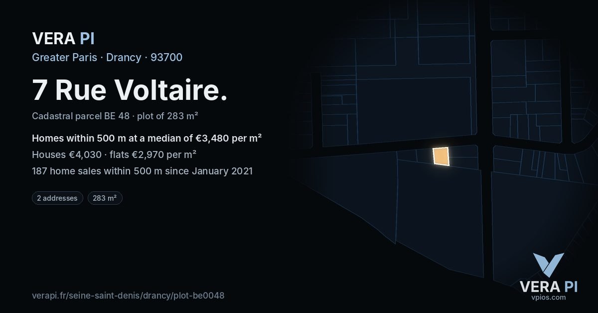 7 Rue Voltaire, Drancy at night – the plot lit, the parcels around coloured by the prices near them