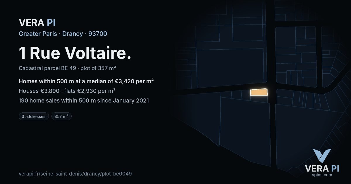 1 Rue Voltaire, Drancy at night – the plot lit, the parcels around coloured by the prices near them