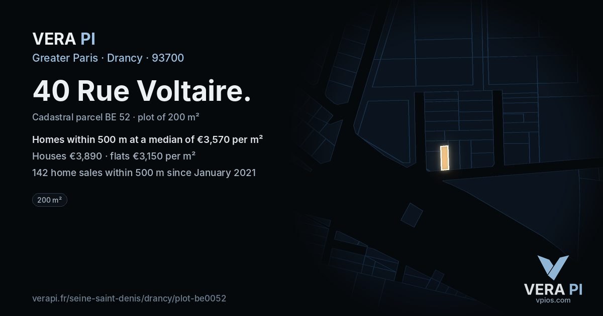 40 Rue Voltaire, Drancy at night – the plot lit, the parcels around coloured by the prices near them