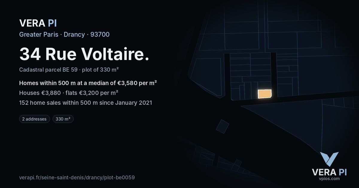 34 Rue Voltaire, Drancy at night – the plot lit, the parcels around coloured by the prices near them