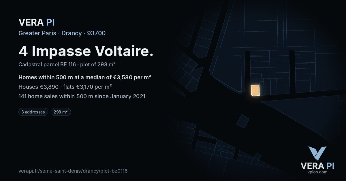 4 Impasse Voltaire, Drancy at night – the plot lit, the parcels around coloured by the prices near them