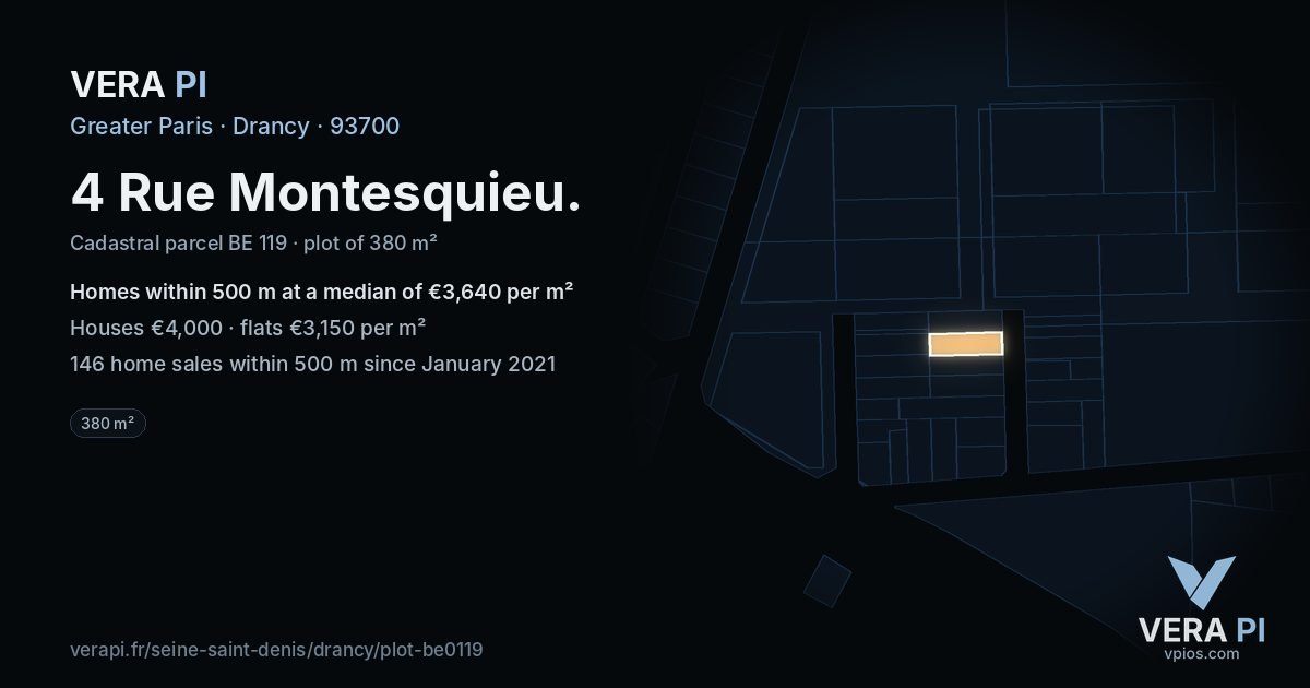 4 Rue Montesquieu, Drancy at night – the plot lit, the parcels around coloured by the prices near them