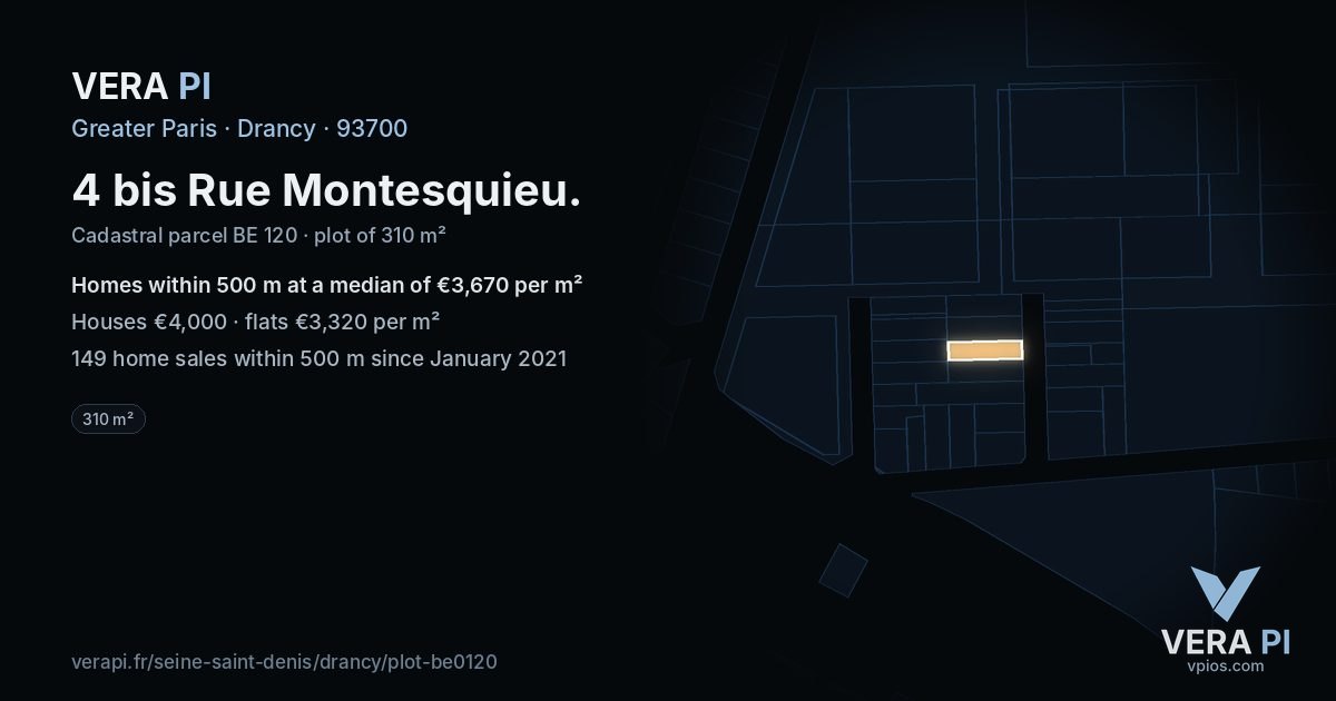 4 bis Rue Montesquieu, Drancy at night – the plot lit, the parcels around coloured by the prices near them