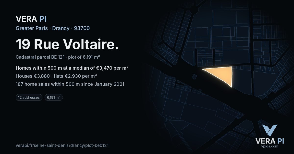 19 Rue Voltaire, Drancy at night – the plot lit, the parcels around coloured by the prices near them