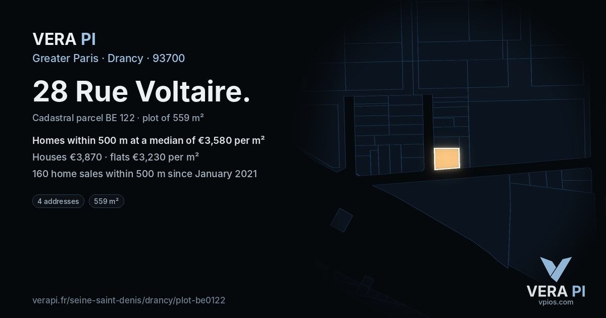 28 Rue Voltaire, Drancy at night – the plot lit, the parcels around coloured by the prices near them