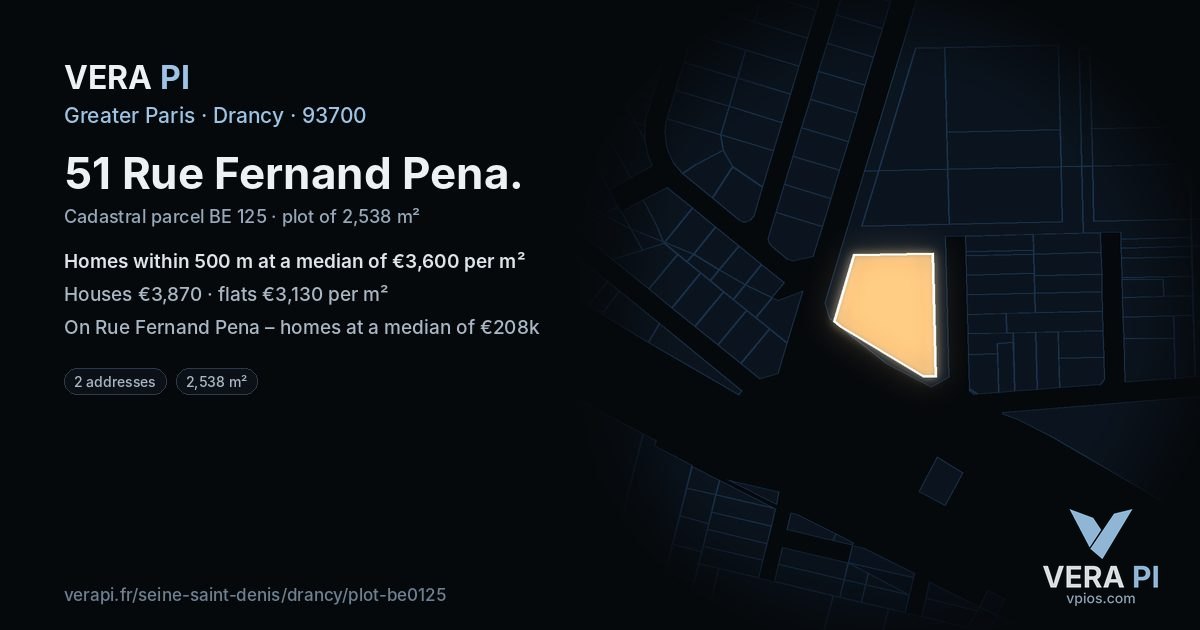 51 Rue Fernand Pena, Drancy at night – the plot lit, the parcels around coloured by the prices near them