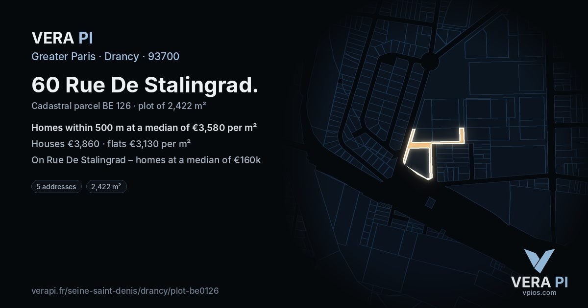60 Rue De Stalingrad, Drancy at night – the plot lit, the parcels around coloured by the prices near them