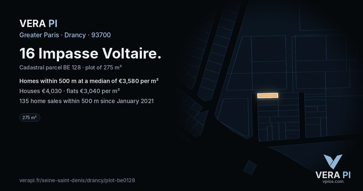 16 Impasse Voltaire, Drancy at night – the plot lit, the parcels around coloured by the prices near them