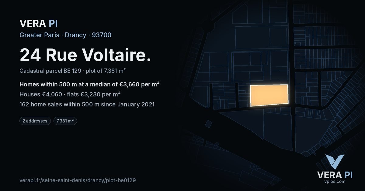 24 Rue Voltaire, Drancy at night – the plot lit, the parcels around coloured by the prices near them