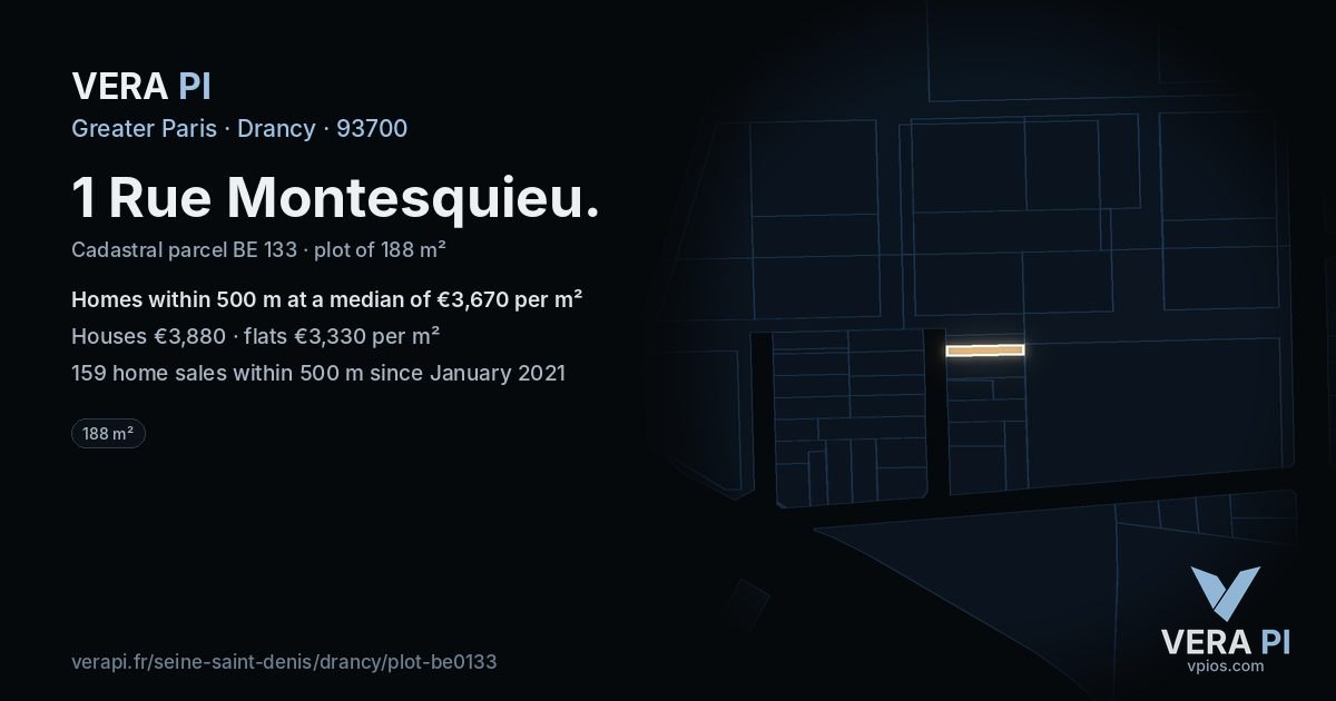 1 Rue Montesquieu, Drancy at night – the plot lit, the parcels around coloured by the prices near them