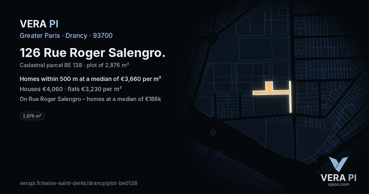 126 Rue Roger Salengro, Drancy at night – the plot lit, the parcels around coloured by the prices near them