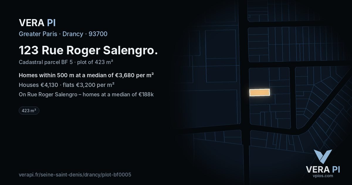 123 Rue Roger Salengro, Drancy at night – the plot lit, the parcels around coloured by the prices near them
