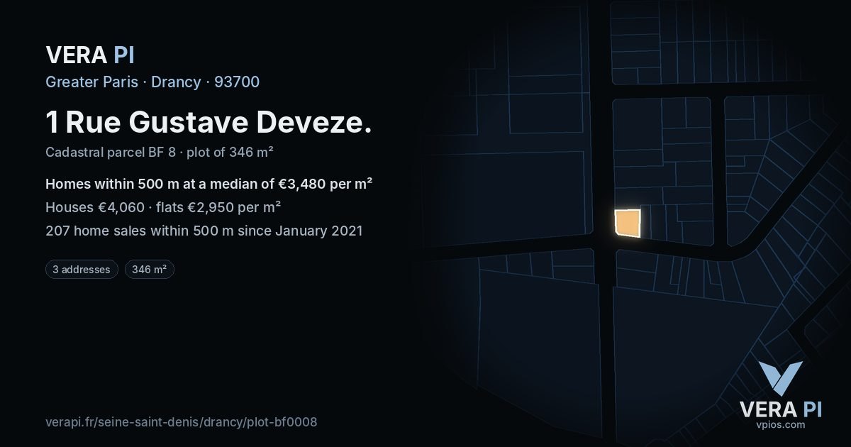 1 Rue Gustave Deveze, Drancy at night – the plot lit, the parcels around coloured by the prices near them