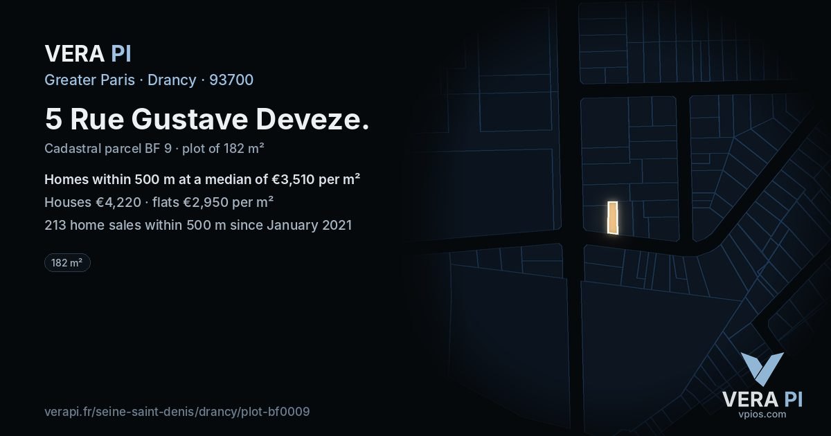 5 Rue Gustave Deveze, Drancy at night – the plot lit, the parcels around coloured by the prices near them
