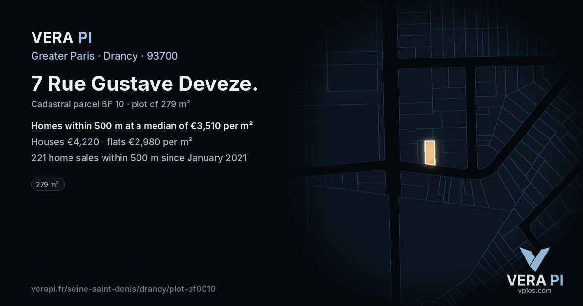 7 Rue Gustave Deveze, Drancy at night – the plot lit, the parcels around coloured by the prices near them