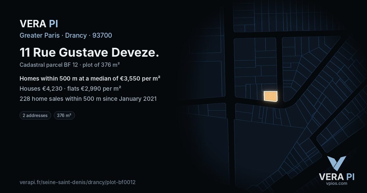11 Rue Gustave Deveze, Drancy at night – the plot lit, the parcels around coloured by the prices near them