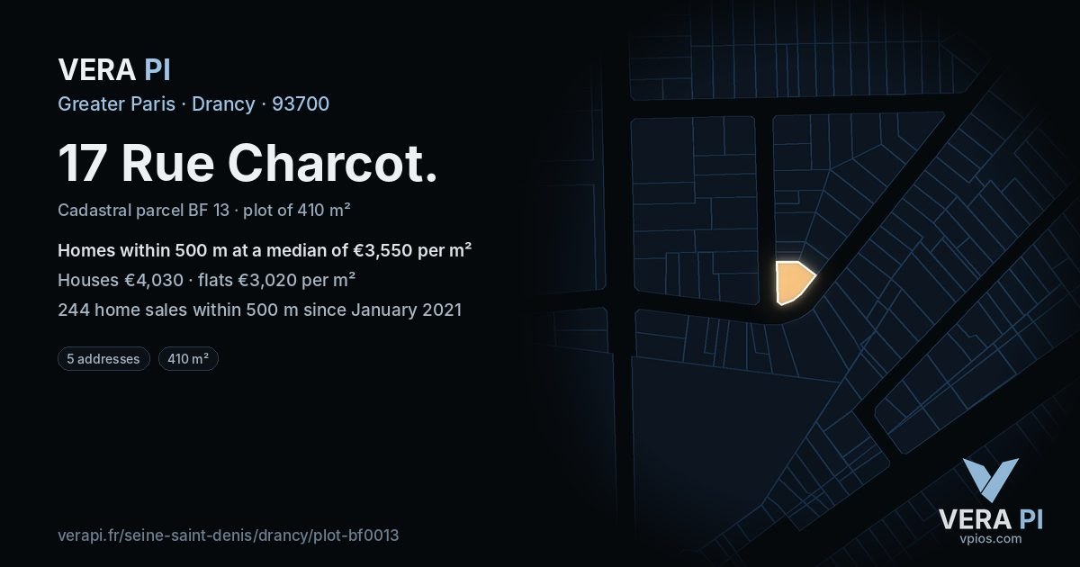 17 Rue Charcot, Drancy at night – the plot lit, the parcels around coloured by the prices near them