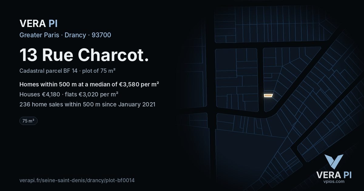 13 Rue Charcot, Drancy at night – the plot lit, the parcels around coloured by the prices near them