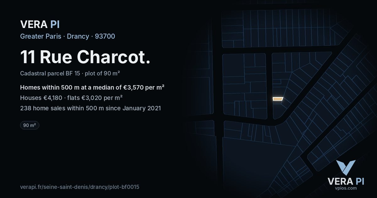 11 Rue Charcot, Drancy at night – the plot lit, the parcels around coloured by the prices near them