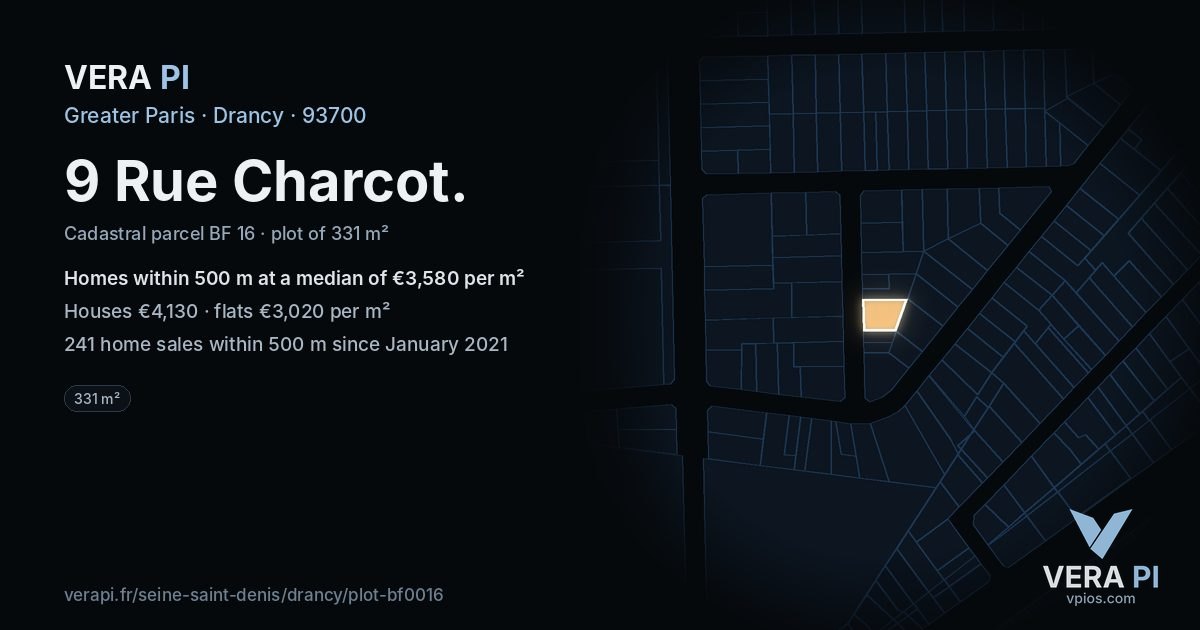 9 Rue Charcot, Drancy at night – the plot lit, the parcels around coloured by the prices near them