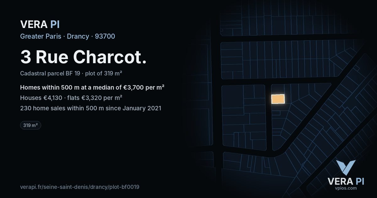 3 Rue Charcot, Drancy at night – the plot lit, the parcels around coloured by the prices near them