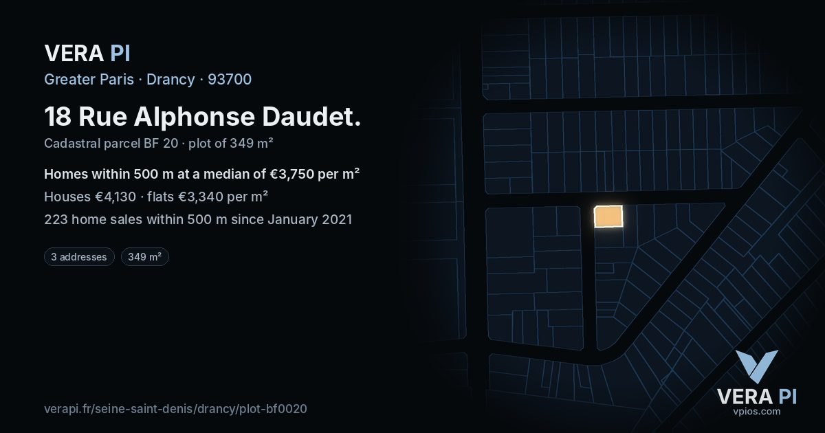18 Rue Alphonse Daudet, Drancy at night – the plot lit, the parcels around coloured by the prices near them