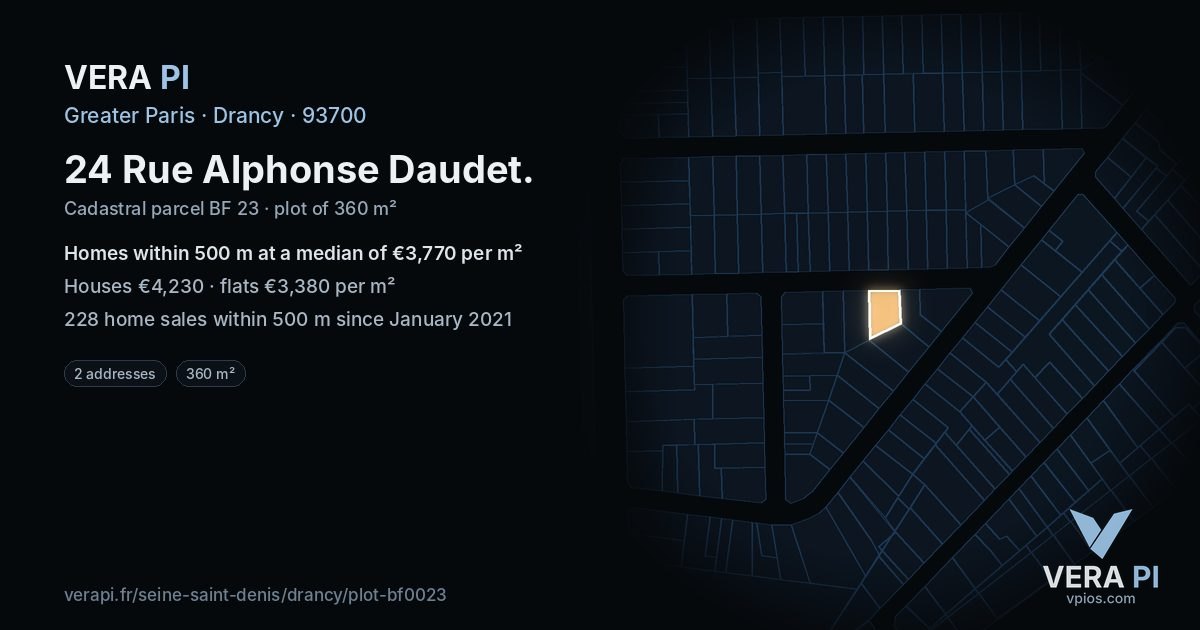 24 Rue Alphonse Daudet, Drancy at night – the plot lit, the parcels around coloured by the prices near them