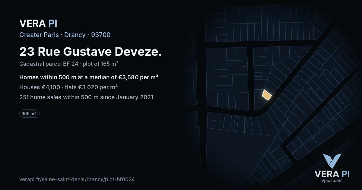 23 Rue Gustave Deveze, Drancy at night – the plot lit, the parcels around coloured by the prices near them