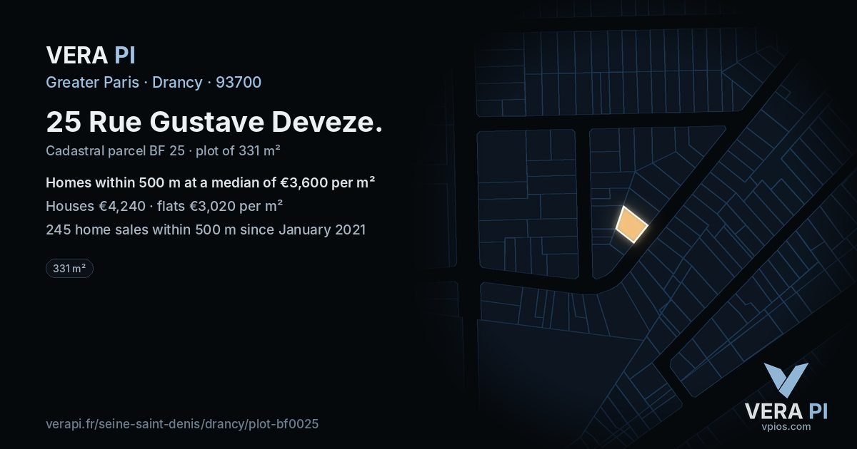 25 Rue Gustave Deveze, Drancy at night – the plot lit, the parcels around coloured by the prices near them