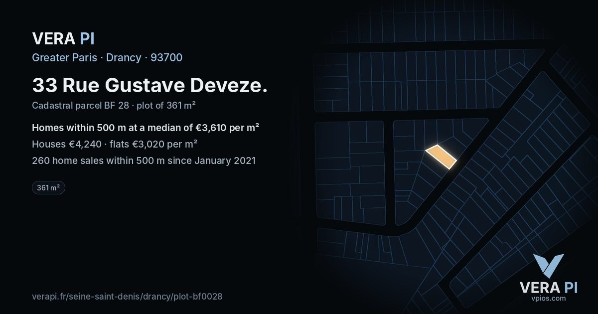 33 Rue Gustave Deveze, Drancy at night – the plot lit, the parcels around coloured by the prices near them