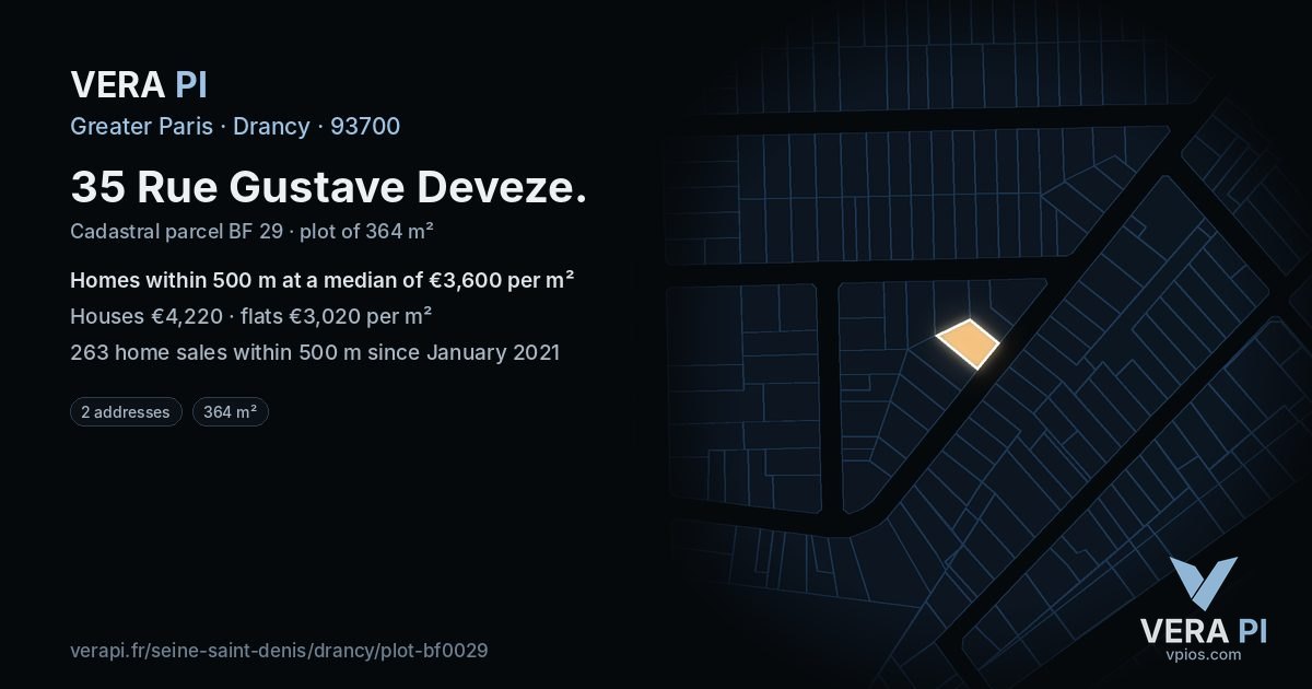35 Rue Gustave Deveze, Drancy at night – the plot lit, the parcels around coloured by the prices near them