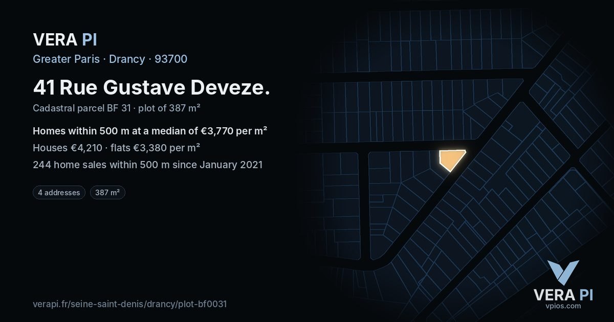 41 Rue Gustave Deveze, Drancy at night – the plot lit, the parcels around coloured by the prices near them