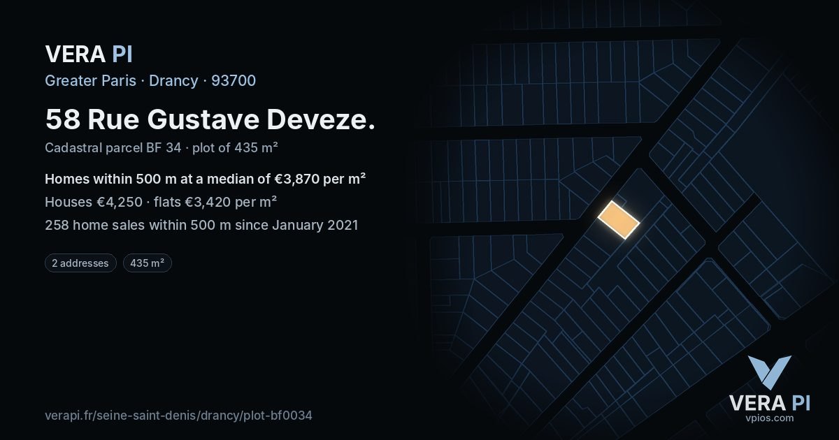58 Rue Gustave Deveze, Drancy at night – the plot lit, the parcels around coloured by the prices near them