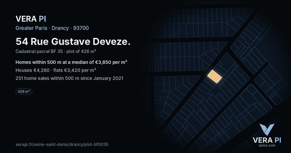 54 Rue Gustave Deveze, Drancy at night – the plot lit, the parcels around coloured by the prices near them