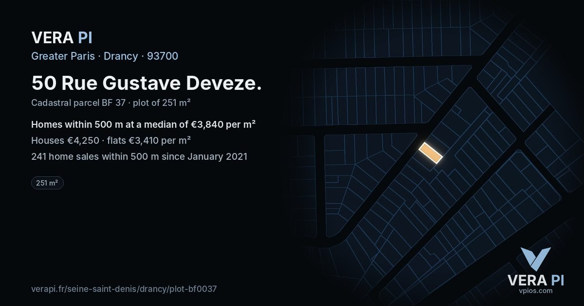 50 Rue Gustave Deveze, Drancy at night – the plot lit, the parcels around coloured by the prices near them