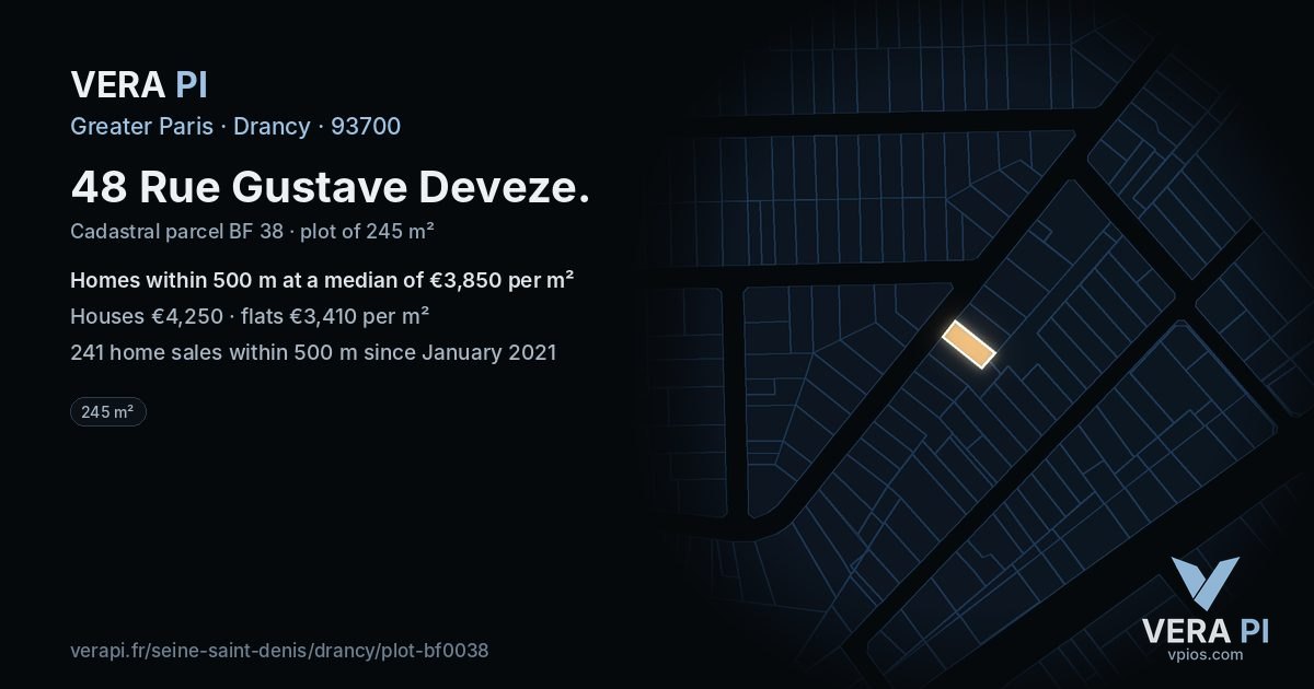 48 Rue Gustave Deveze, Drancy at night – the plot lit, the parcels around coloured by the prices near them