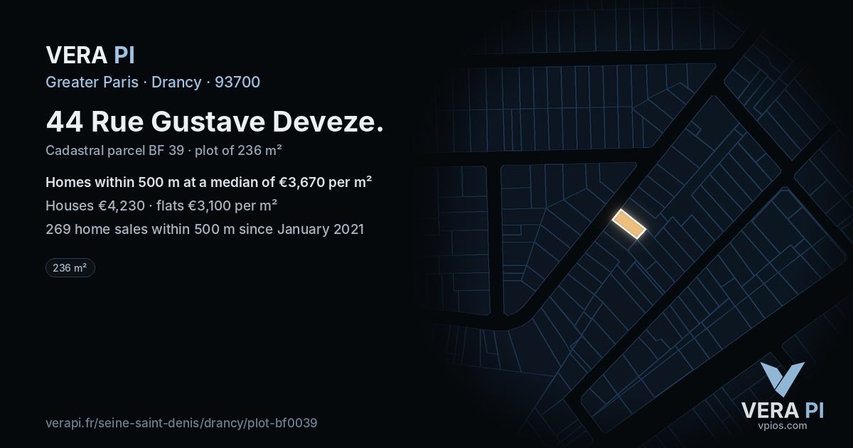 44 Rue Gustave Deveze, Drancy at night – the plot lit, the parcels around coloured by the prices near them