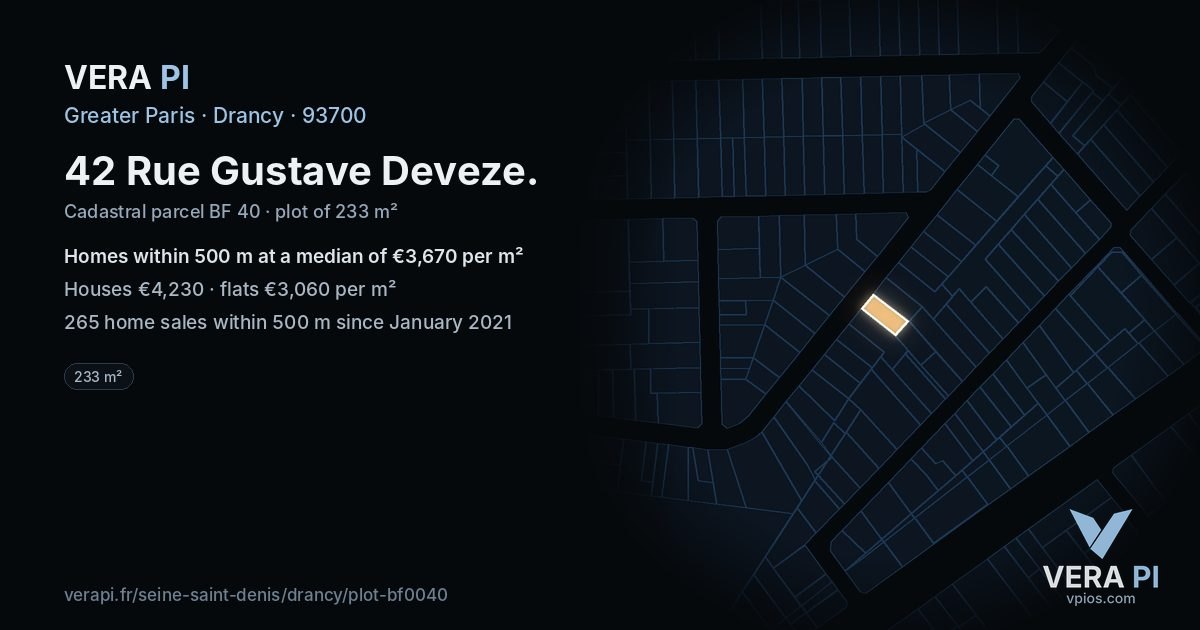 42 Rue Gustave Deveze, Drancy at night – the plot lit, the parcels around coloured by the prices near them