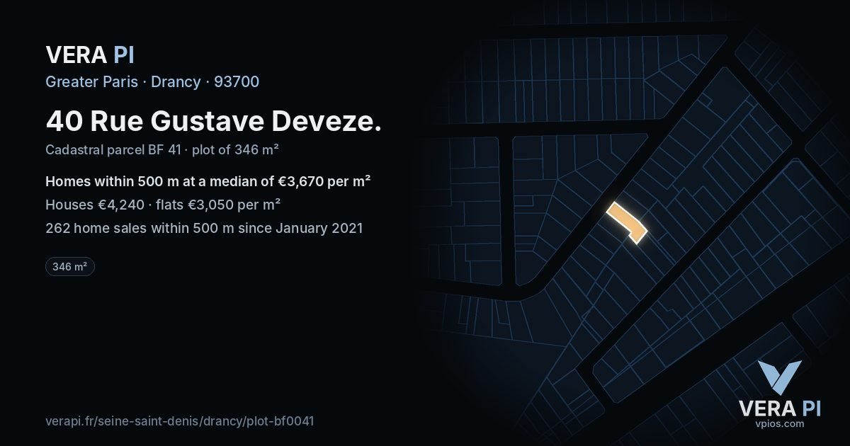 40 Rue Gustave Deveze, Drancy at night – the plot lit, the parcels around coloured by the prices near them