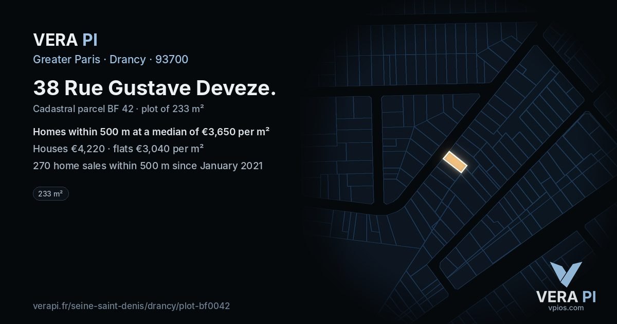 38 Rue Gustave Deveze, Drancy at night – the plot lit, the parcels around coloured by the prices near them