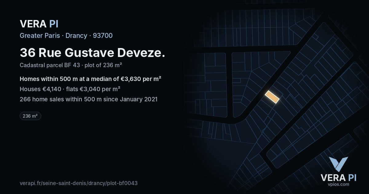 36 Rue Gustave Deveze, Drancy at night – the plot lit, the parcels around coloured by the prices near them