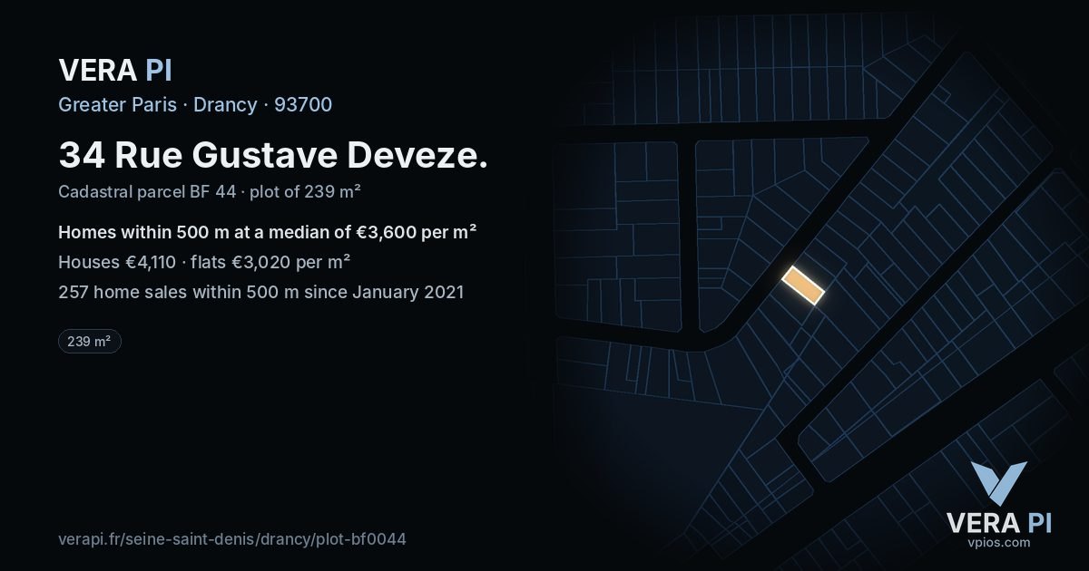 34 Rue Gustave Deveze, Drancy at night – the plot lit, the parcels around coloured by the prices near them