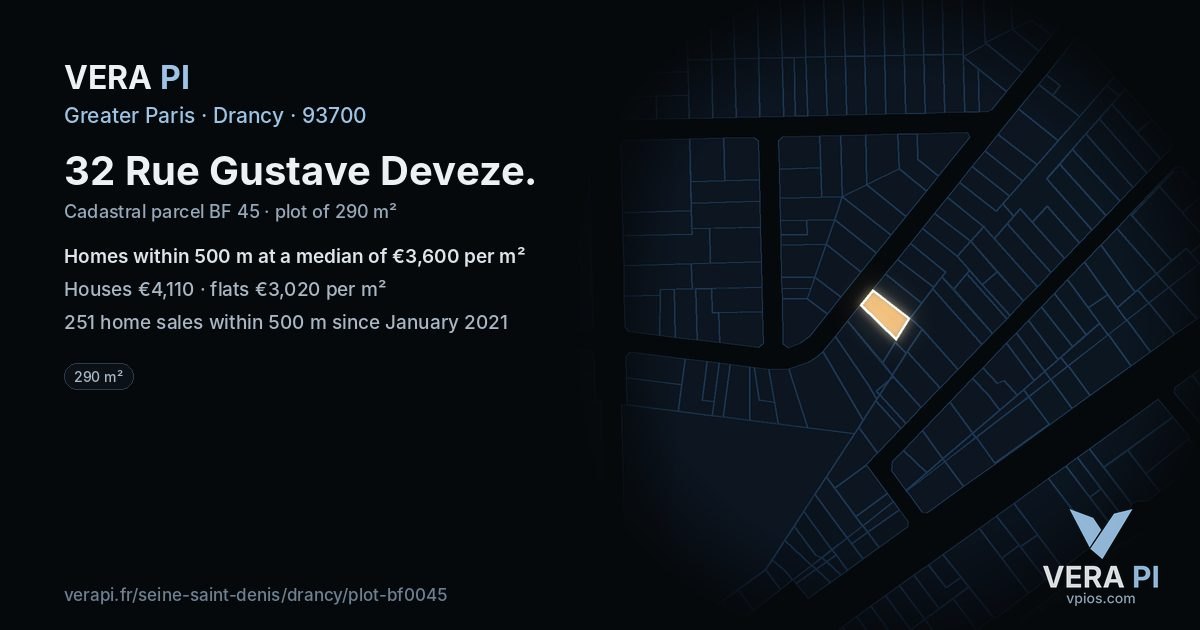 32 Rue Gustave Deveze, Drancy at night – the plot lit, the parcels around coloured by the prices near them