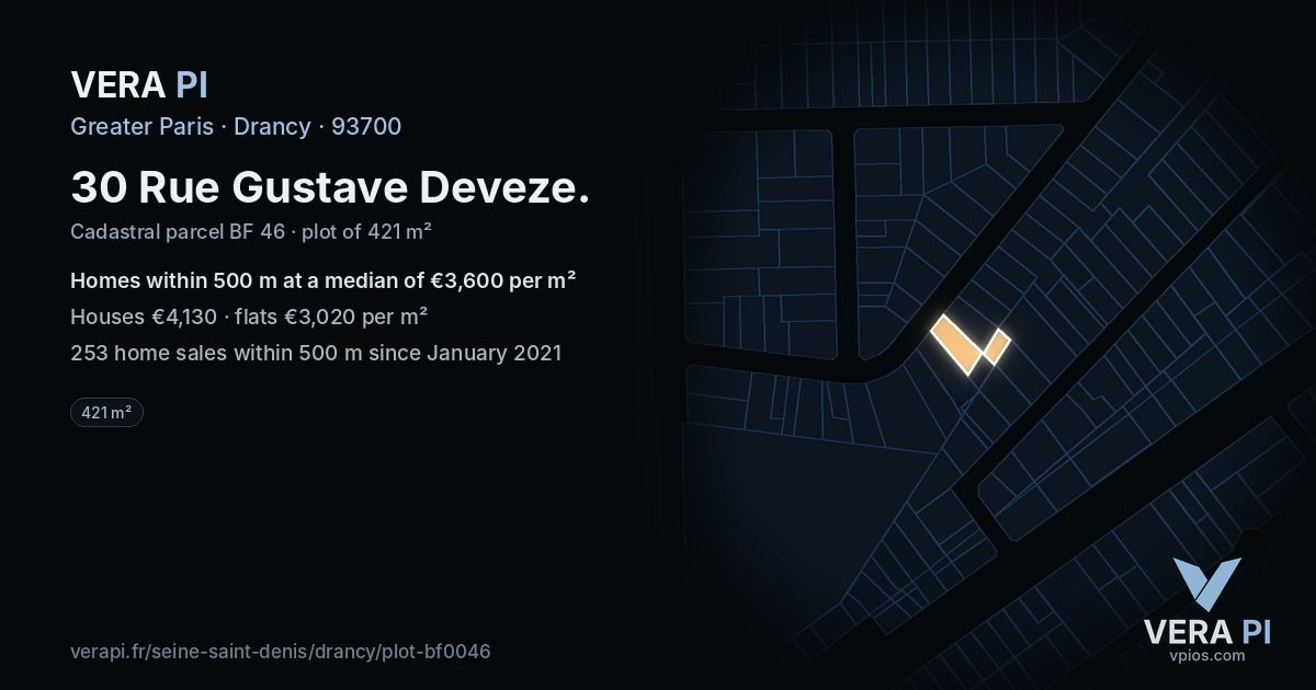 30 Rue Gustave Deveze, Drancy at night – the plot lit, the parcels around coloured by the prices near them