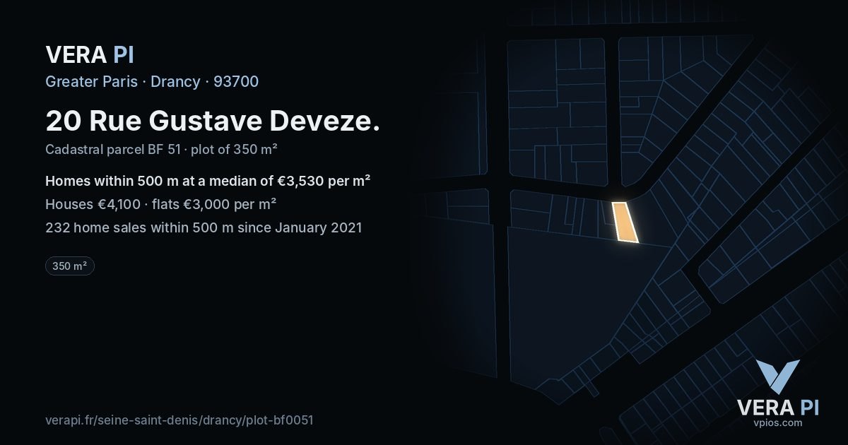 20 Rue Gustave Deveze, Drancy at night – the plot lit, the parcels around coloured by the prices near them
