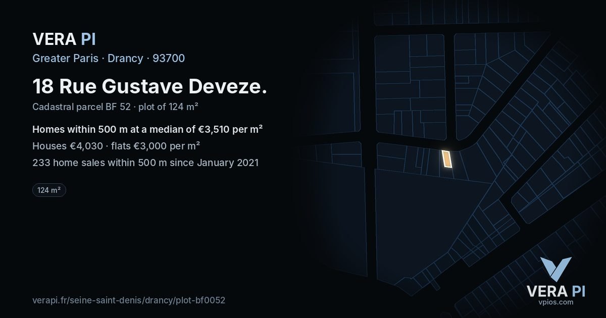18 Rue Gustave Deveze, Drancy at night – the plot lit, the parcels around coloured by the prices near them