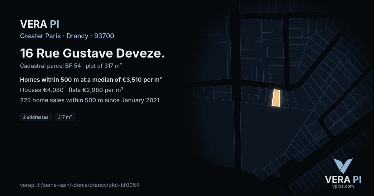 16 Rue Gustave Deveze, Drancy at night – the plot lit, the parcels around coloured by the prices near them