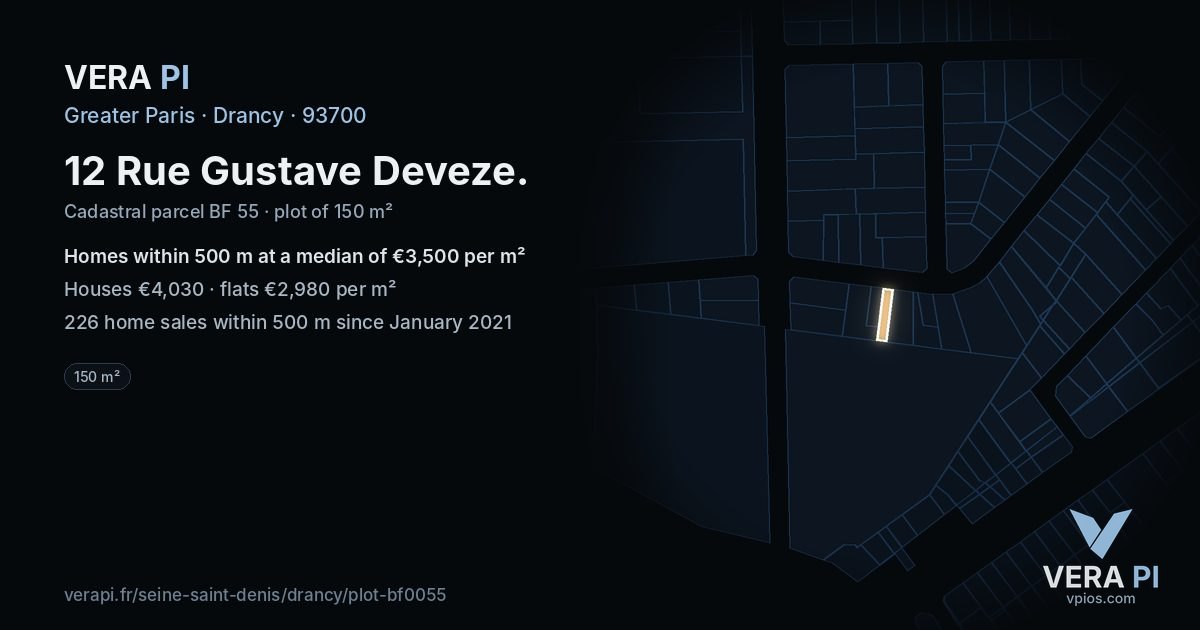 12 Rue Gustave Deveze, Drancy at night – the plot lit, the parcels around coloured by the prices near them