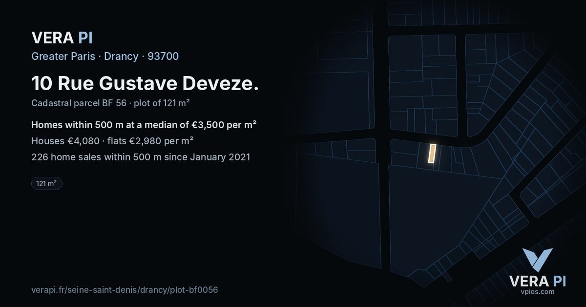 10 Rue Gustave Deveze, Drancy at night – the plot lit, the parcels around coloured by the prices near them