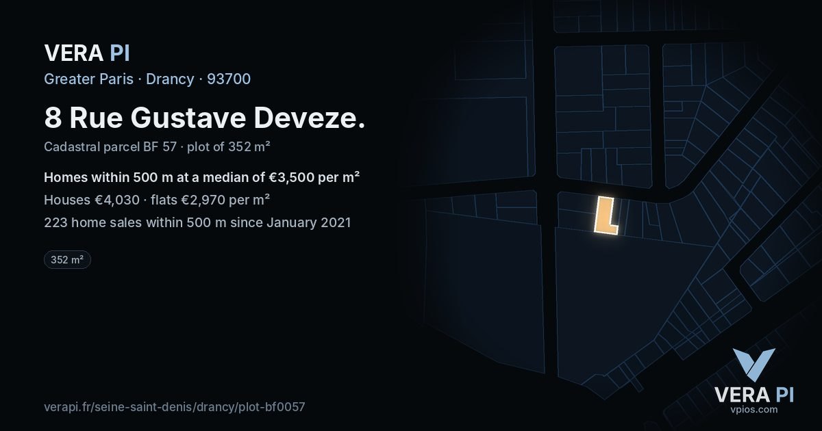 8 Rue Gustave Deveze, Drancy at night – the plot lit, the parcels around coloured by the prices near them
